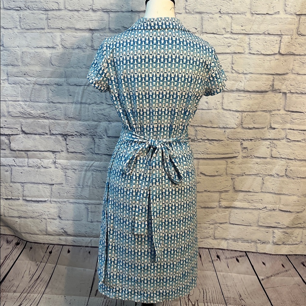 J. McLaughlin Collared Wrap Dress Chain Link Print Short Sleeve Size Medium Blue - Picture 5 of 9